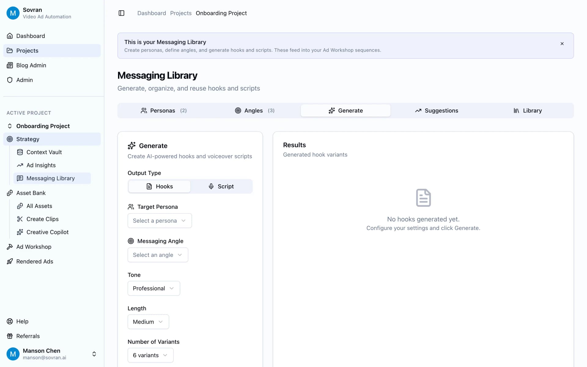 Messaging Library generate tab with hook controls and a results panel
