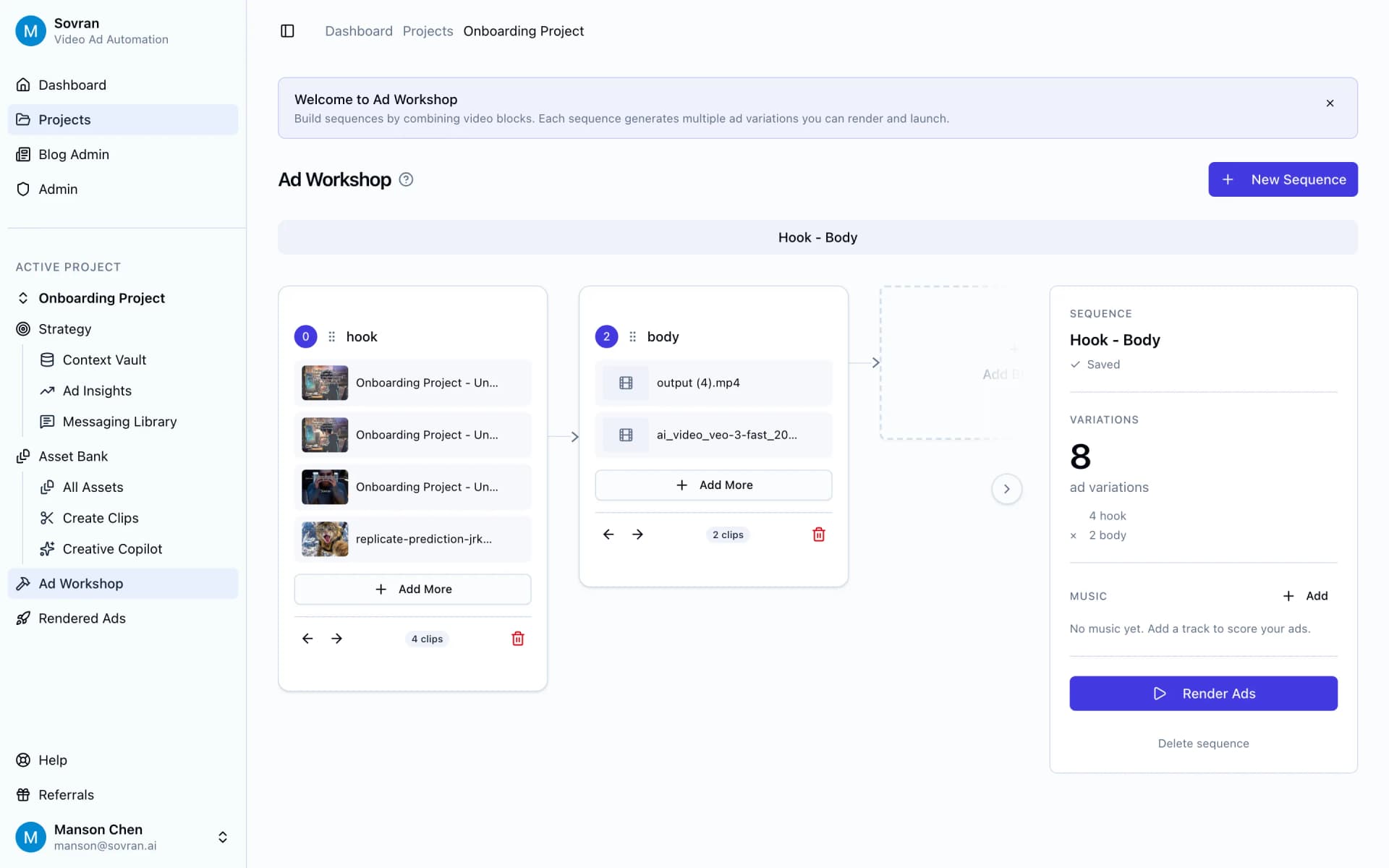 Sovran Ad Workshop set up for YouTube ad testing with hook and body blocks