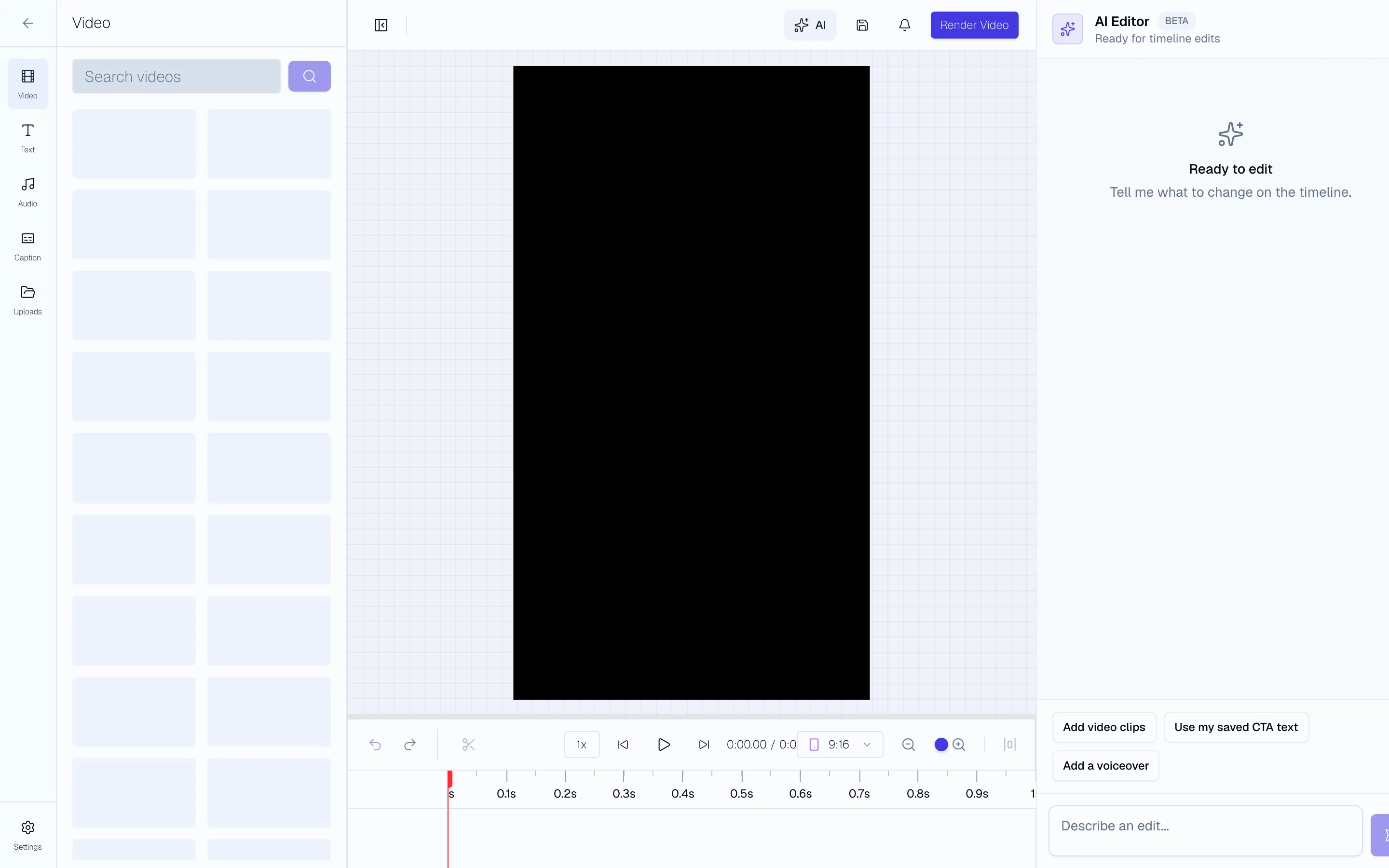 Sovran Video Editor with a vertical canvas for YouTube in feed video ads, timeline controls, and AI edit panel