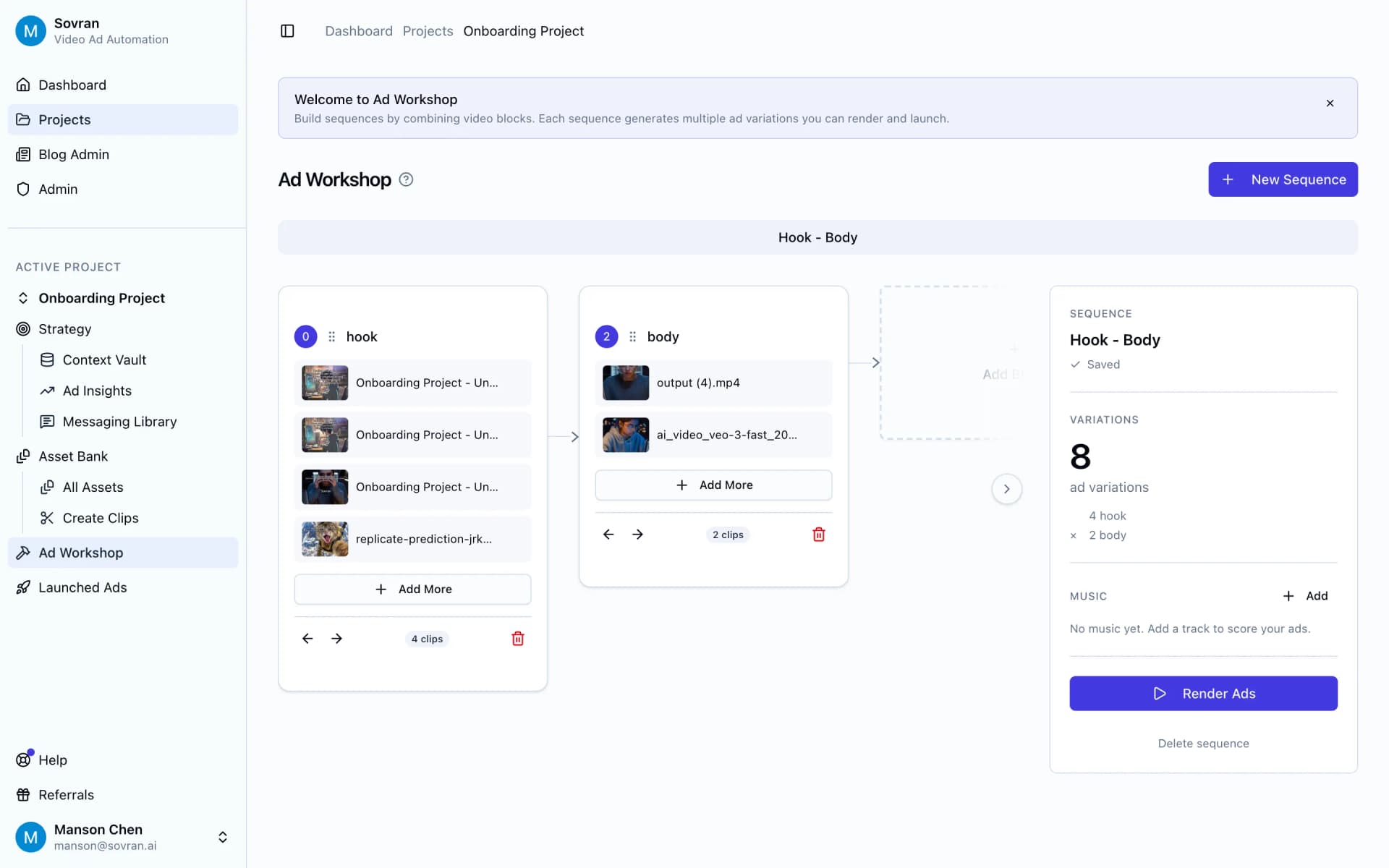 YouTube video ad maker workflow in Sovran's Ad Workshop with hook, body, and CTA blocks