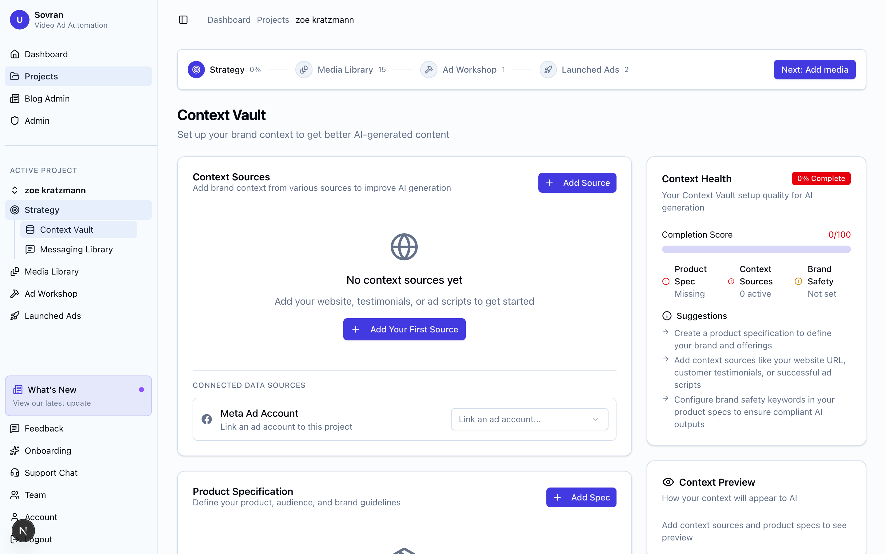 Context Vault with health score and sources