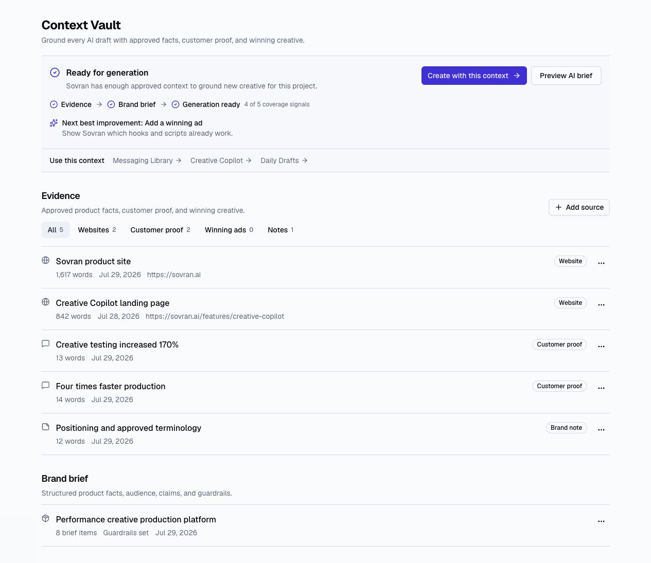 Context Vault readiness, evidence, and brand brief