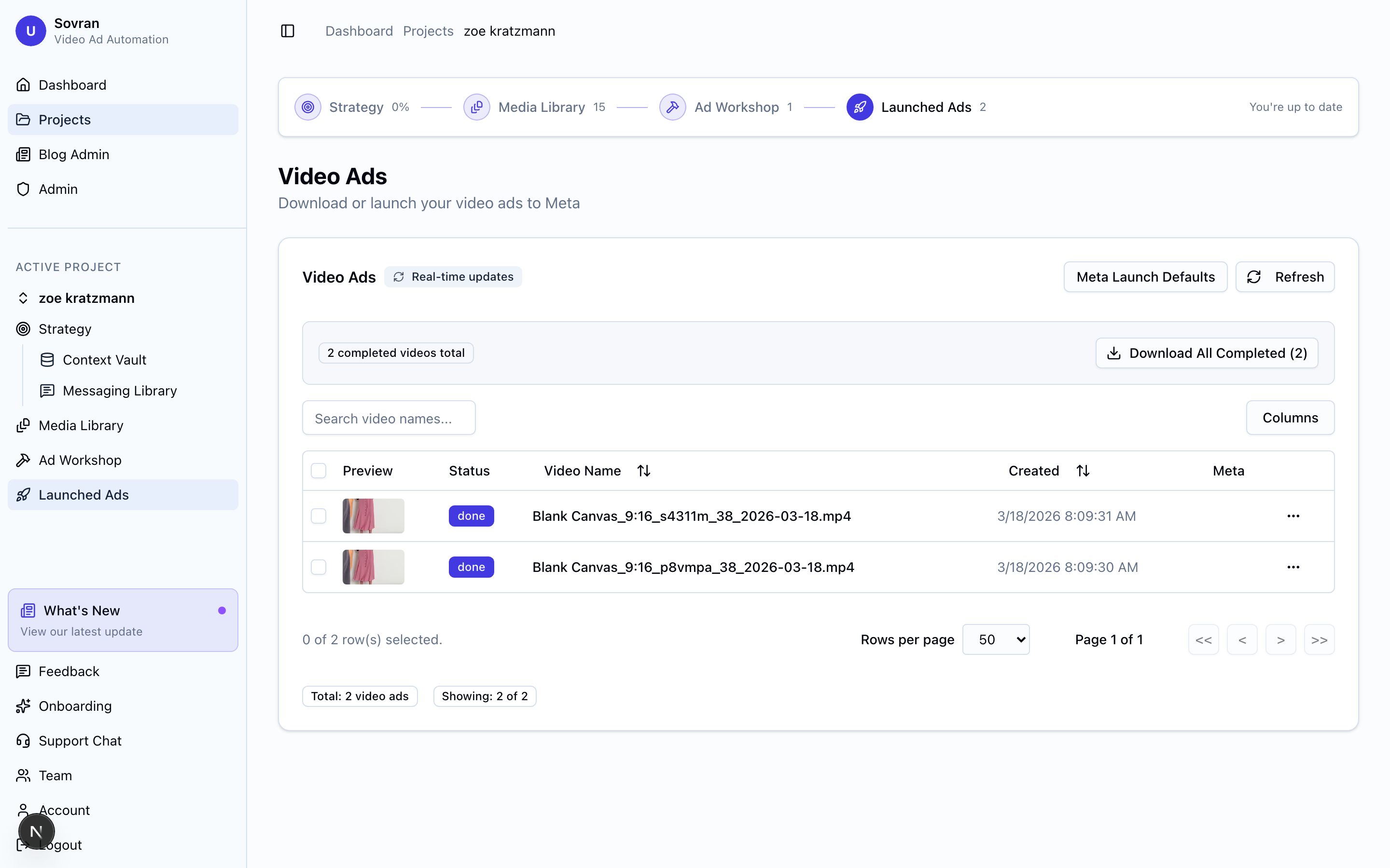 Meta Ads page in Sovran
