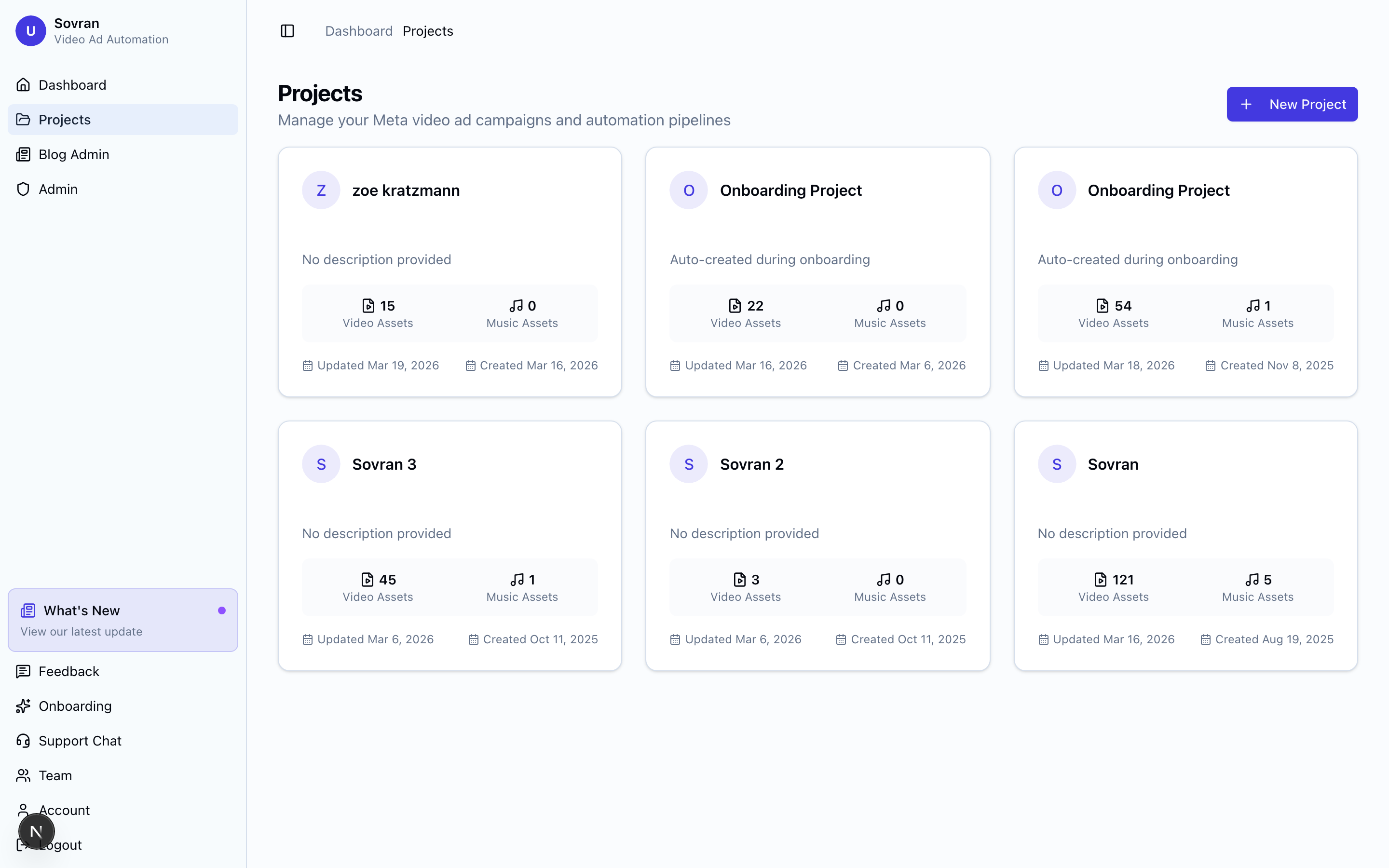 Projects page in Sovran