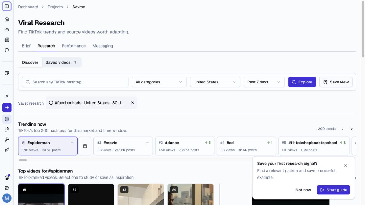 Viral Research workspace with TikTok trends