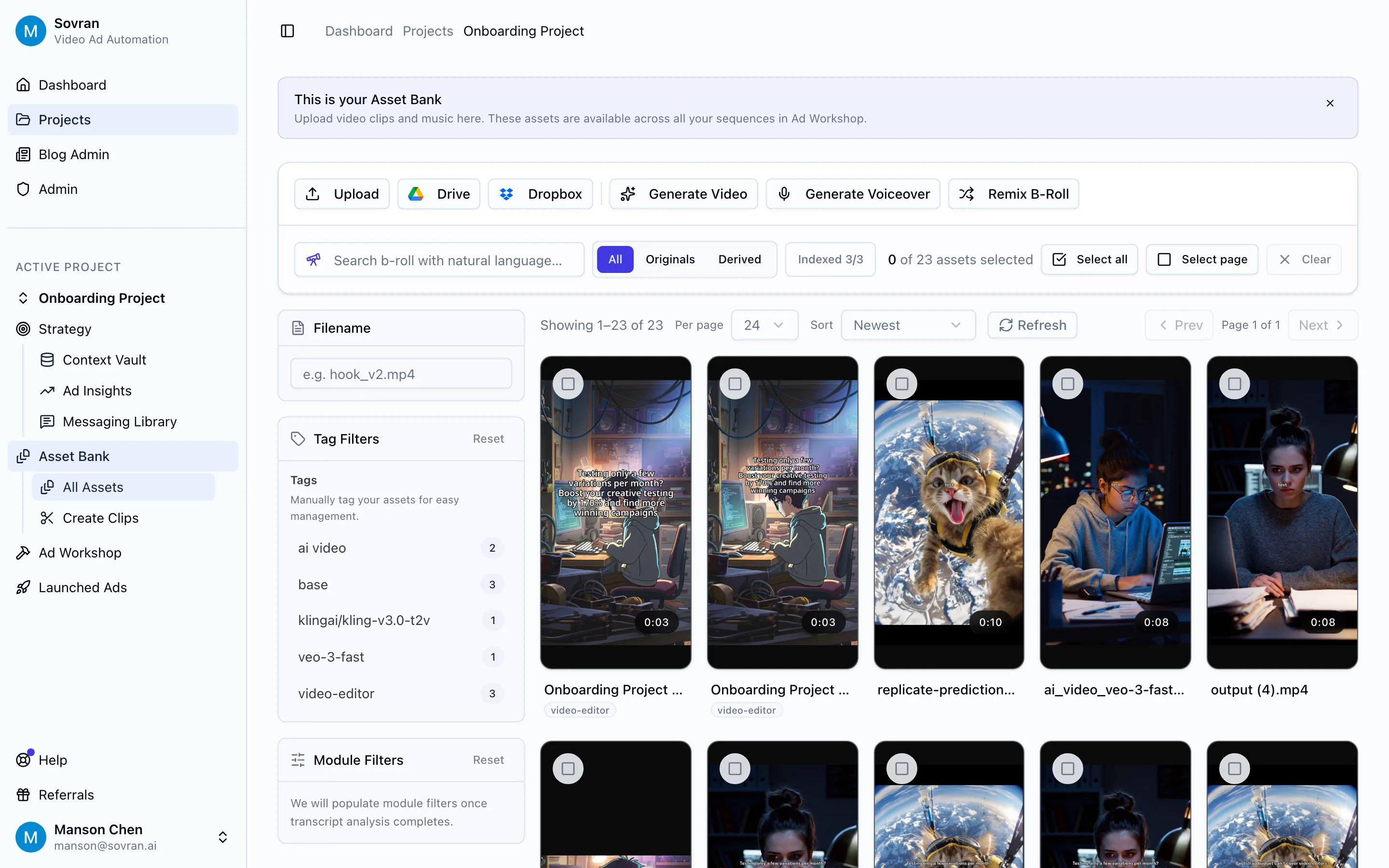 Sovran Asset Bank with reusable video assets, search, filters, and upload controls