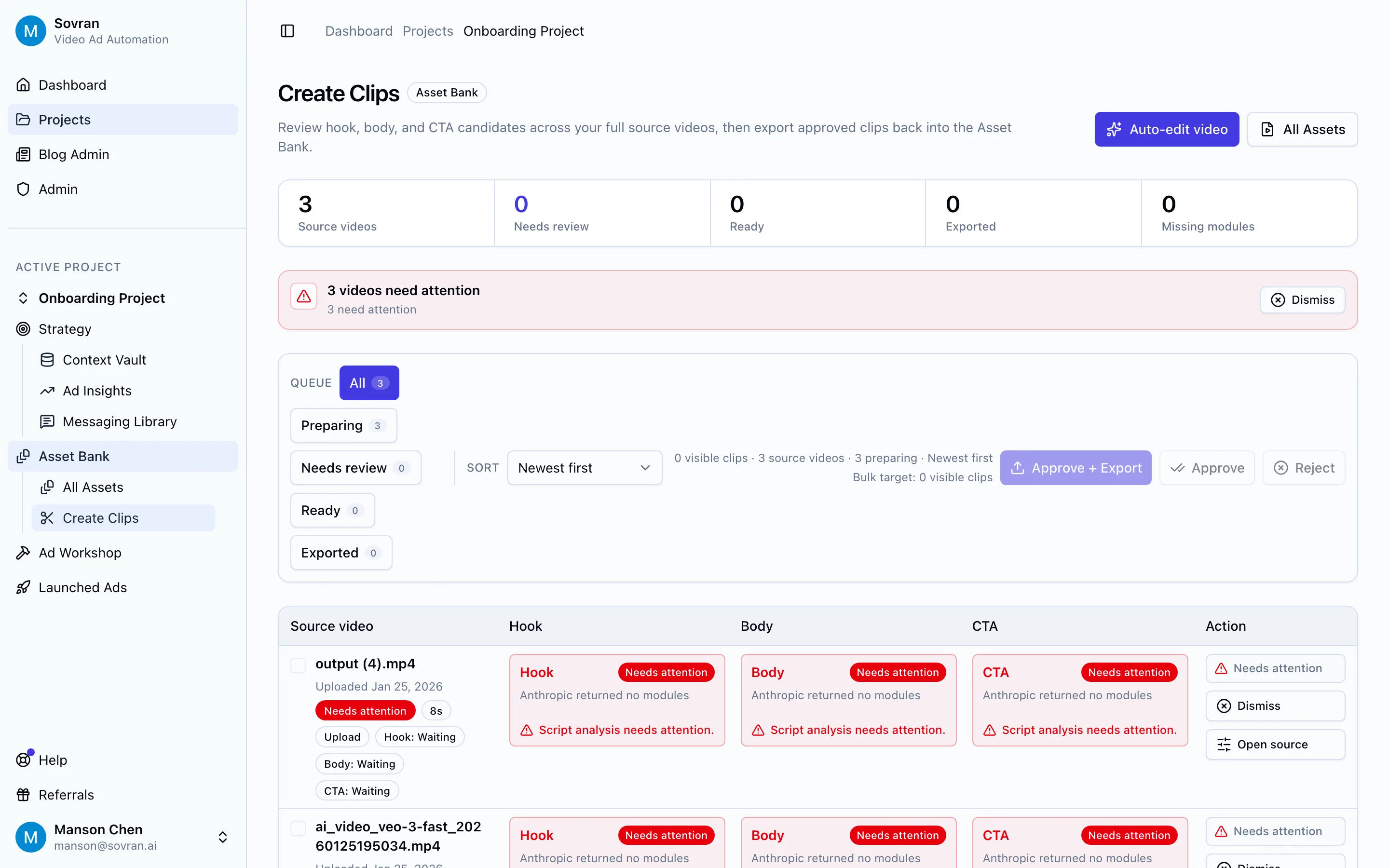 Sovran Create Clips queue with hook, body, and CTA review columns for source videos.